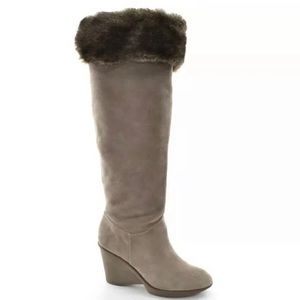 B. MAKOWSKY Natalie Taupe Suede Over The Knee Fur Wedge Boots 8